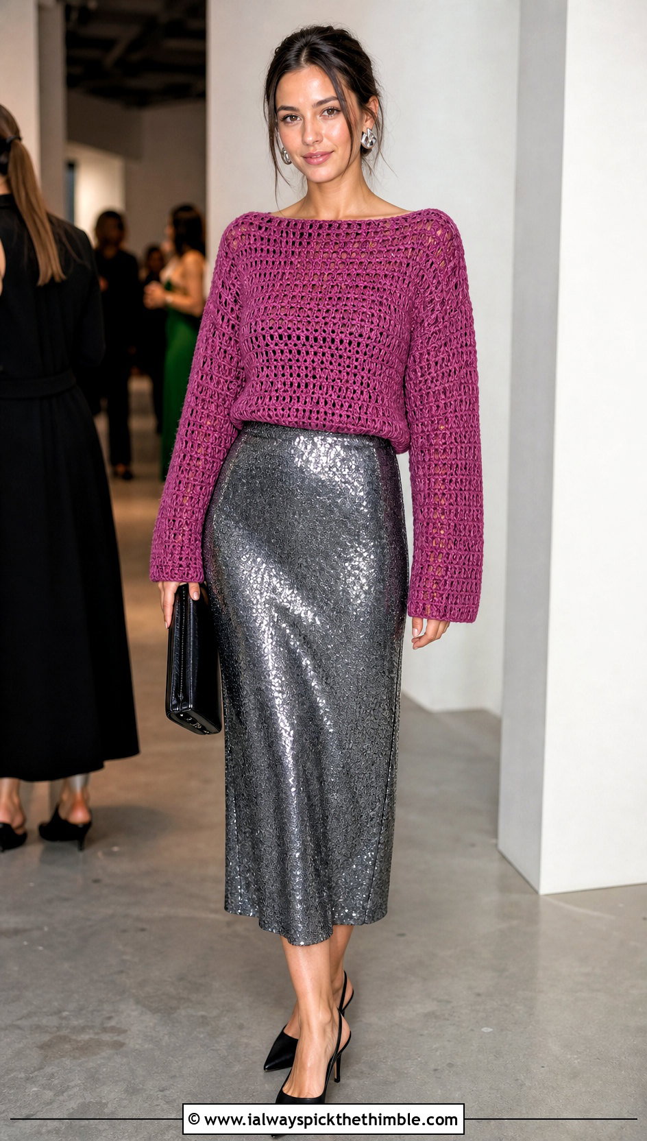 Boat Neck Mock Knit Crochet Sweater With Sequin Midi Skirt - 15 Mock Knit Crochet Sweater outfit ideas
