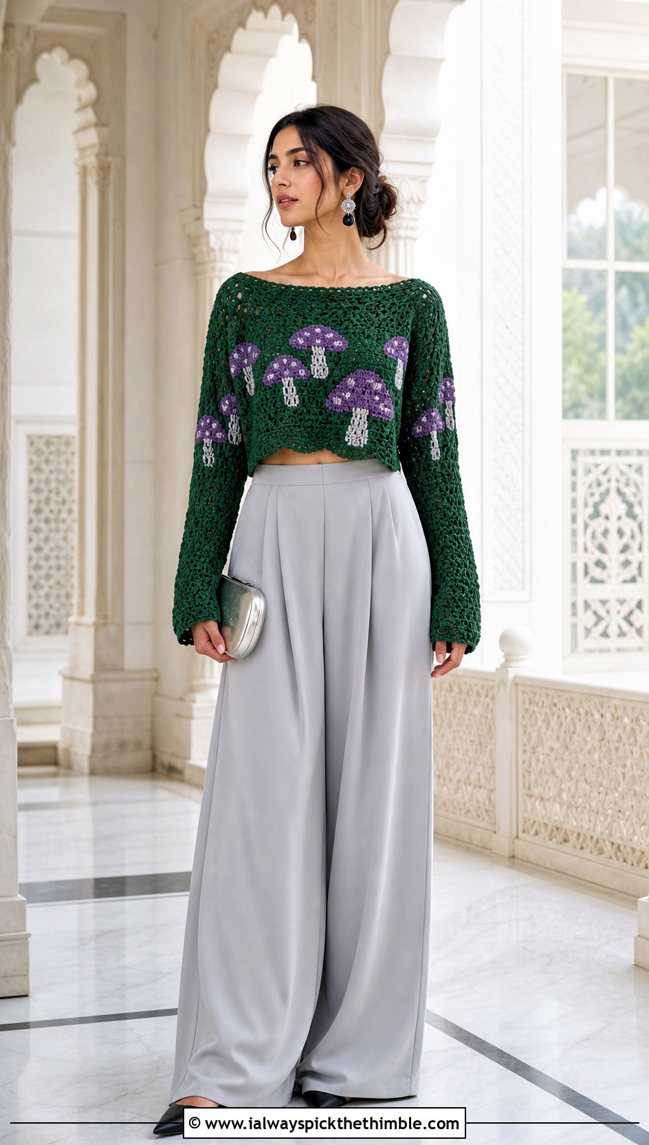 Boat Neck Mushroom Crochet Sweater With Palazzo Pants - 20 mushroom crochet sweater outfit ideas