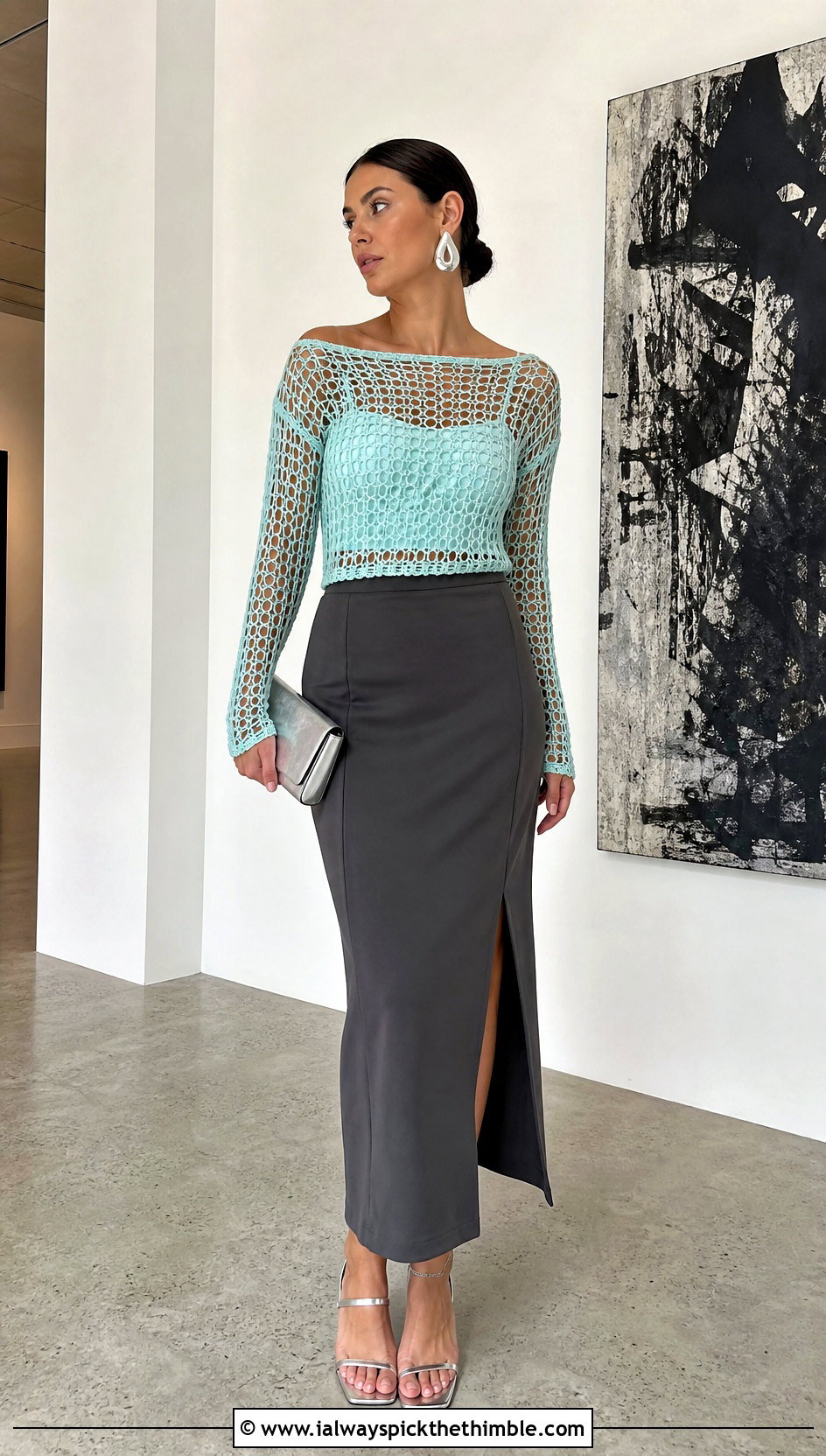 Boat Neck Net Crochet Top With Column Skirt - 20 Crochet Top With Holes outfit ideas