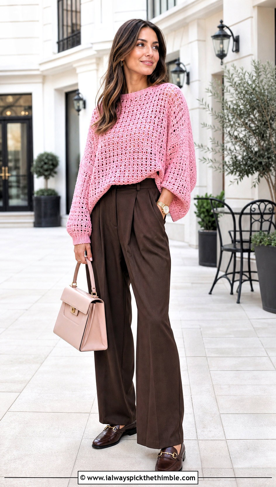Boat Neck Oversize Crochet Sweater With Pleated Trousers - 15 Oversize Crochet Sweater outfit ideas