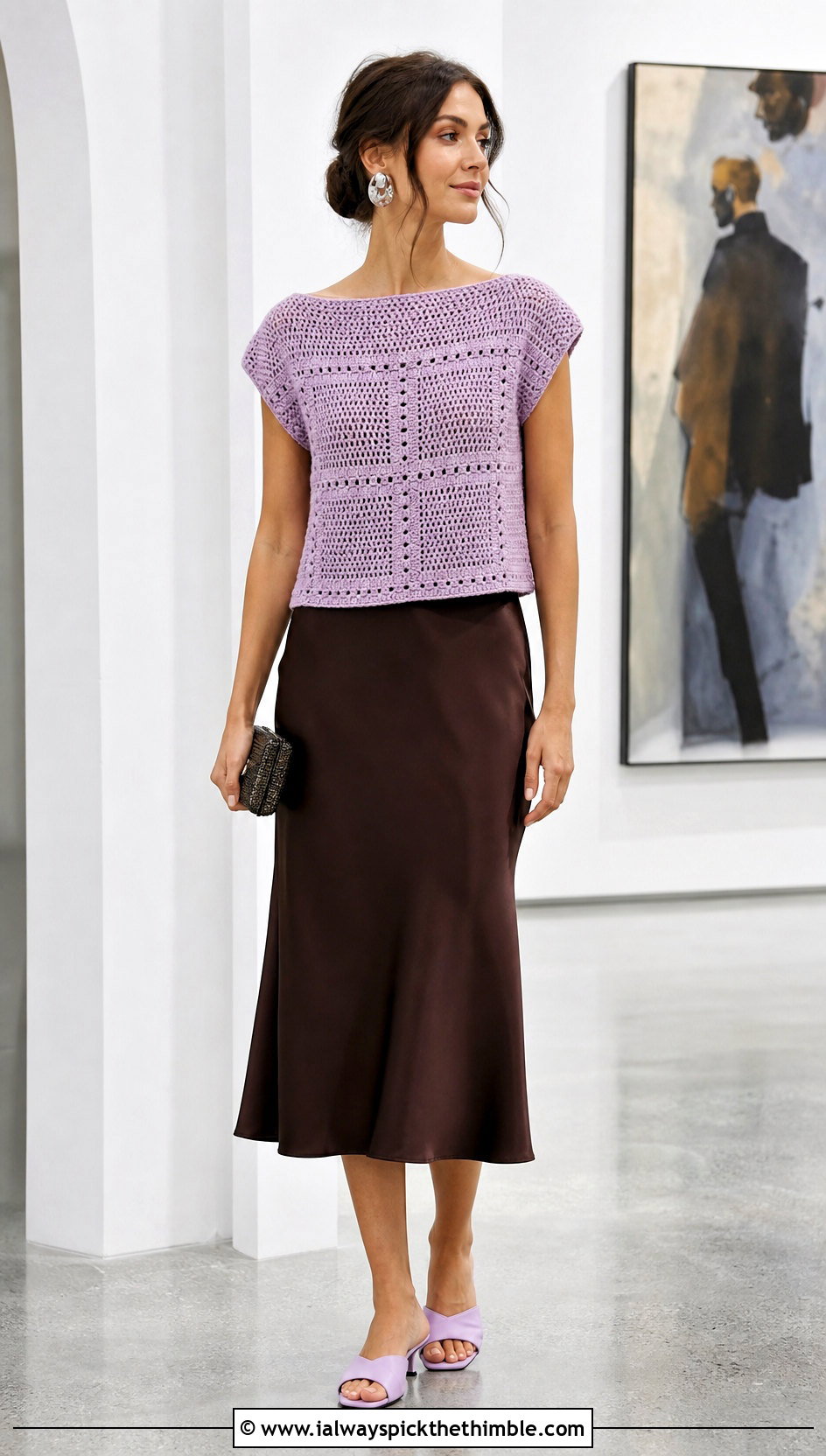 Boat Neck Panel Crochet Blouse With Satin Midi Skirt - 15 Beginner Crochet Blouse outfit ideas