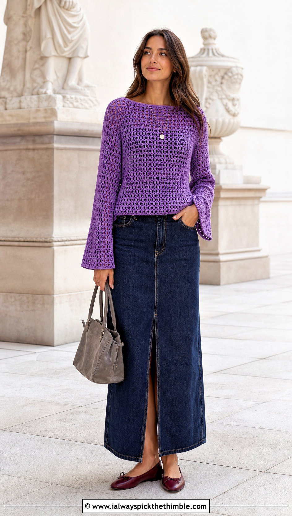 Boat Neck Purple Crochet Sweater With Denim Maxi Skirt - 20 Crochet Purple Sweater outfit ideas