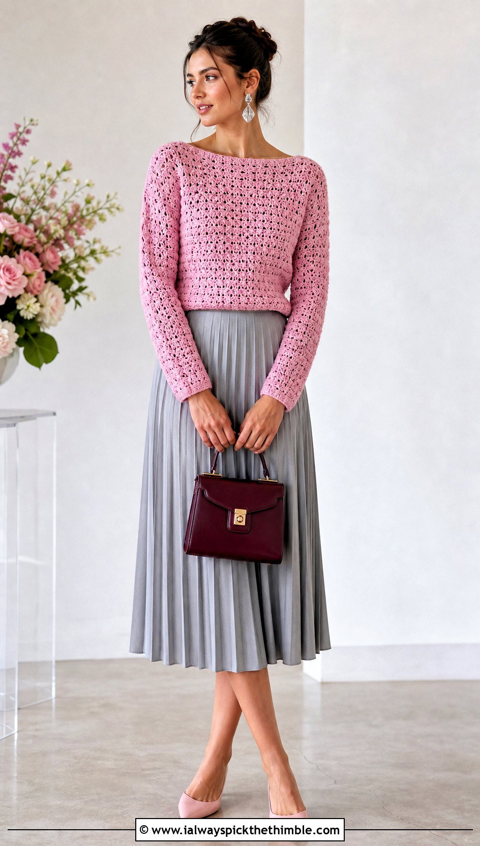 Boat Neck Rectangle Crochet Sweater With Pleated Midi Skirt - 15 Rectangle Crochet Sweater outfit ideas