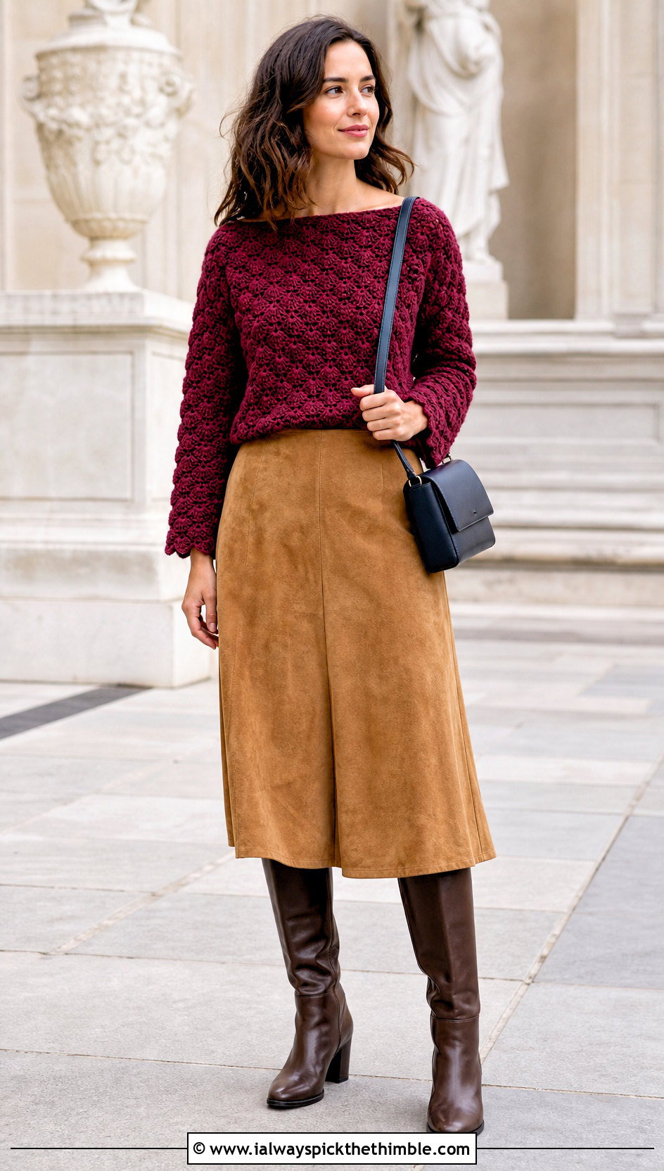 Boat Neck Shell Stitch Crochet Sweater With Suede Skirt - 20 Autumn Crochet Sweater outfit ideas