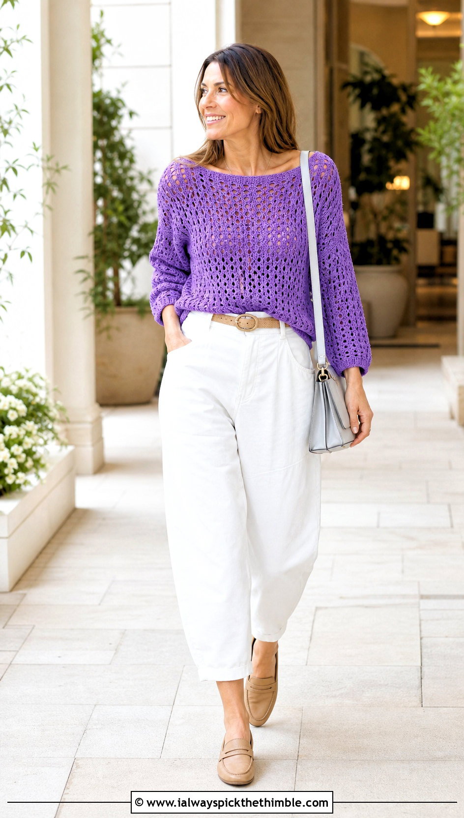 Boat Neck Slouchy Crochet Sweater With White Denim - 15 Super Slouchy Crochet Sweater outfit ideas