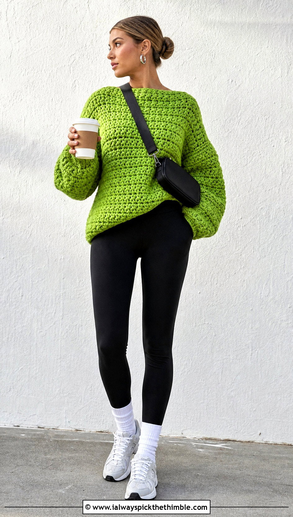 Boat Neck Super Bulky Crochet Sweater With Leggings And Sneakers - 20 Super Bulky Crochet Sweater outfit ideas