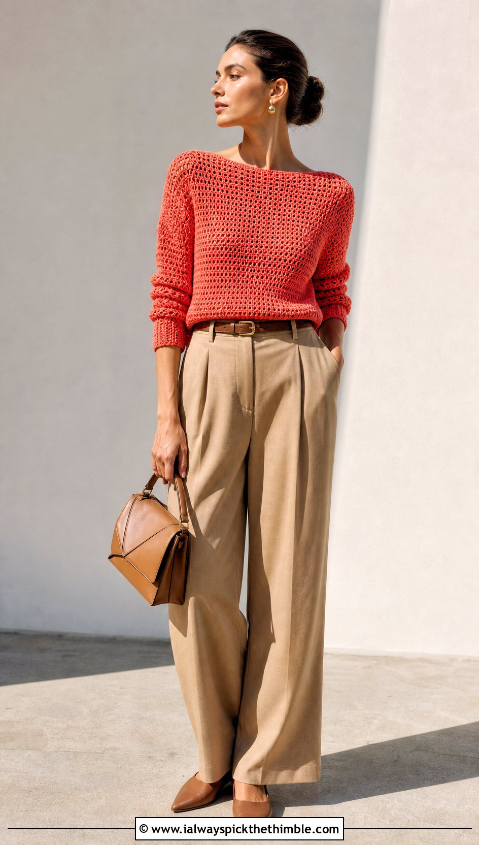 Boat Neck Top Down Crochet Sweater With Pleated Pants - 25 top down crochet sweater outfit ideas