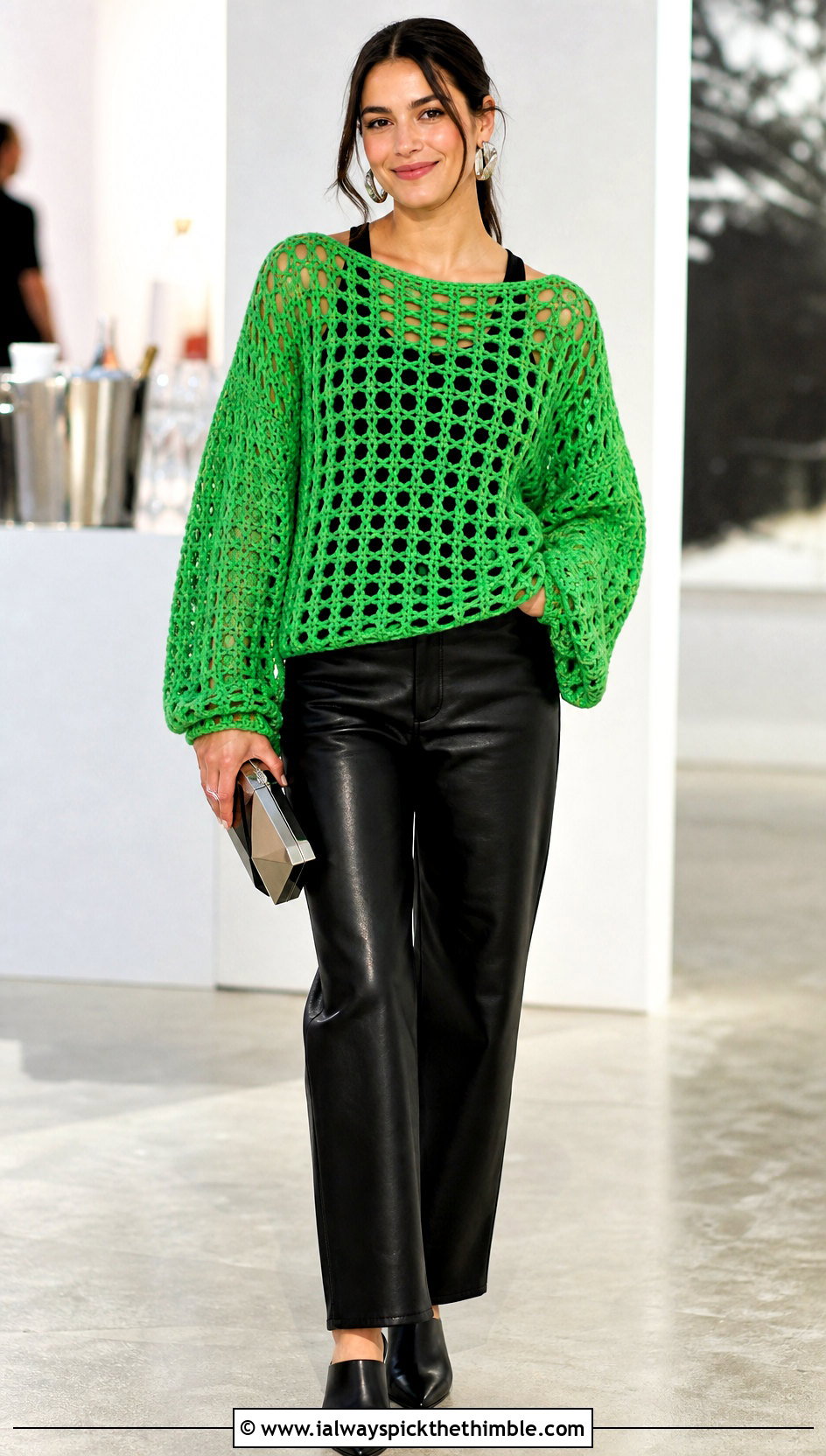 Boat Neck Triple Crochet Sweater With Leather Pants - 20 Triple Crochet Sweater outfit ideas