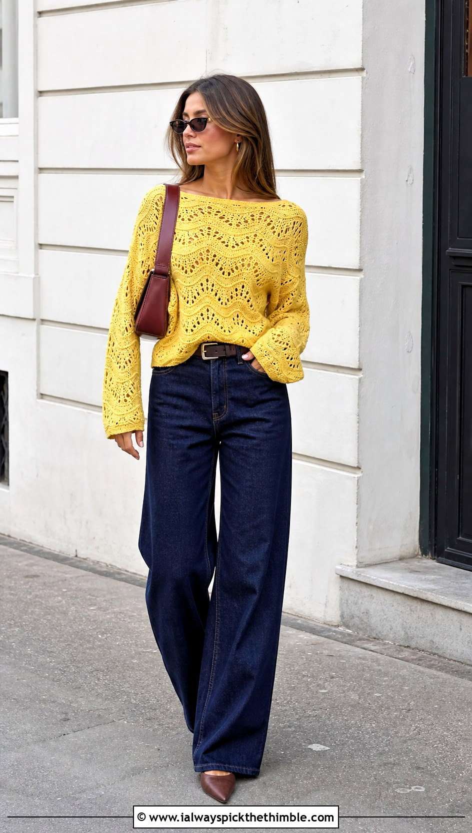 Boat Neck Wavy Crochet Sweater With Wide Leg Jeans - 25 wavy crochet sweater outfit ideas