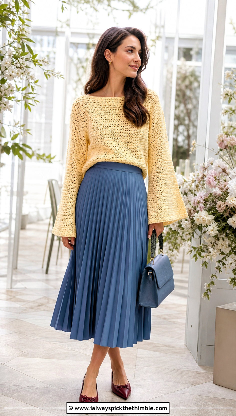 Boatneck Bell Sleeve Crochet Sweater With Pleated Midi Skirt - 20 crochet sweater bell sleeves outfit ideas