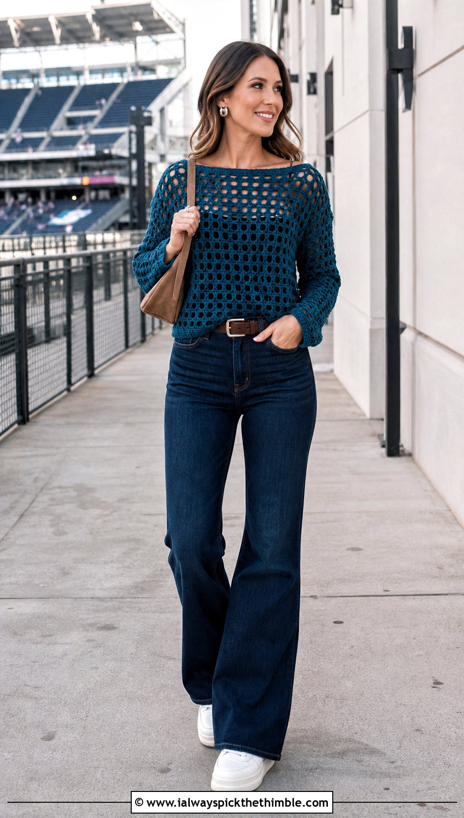 Boatneck Crochet Game Day Top With Flare Jeans - 20 Crochet Game Day Top outfit ideas