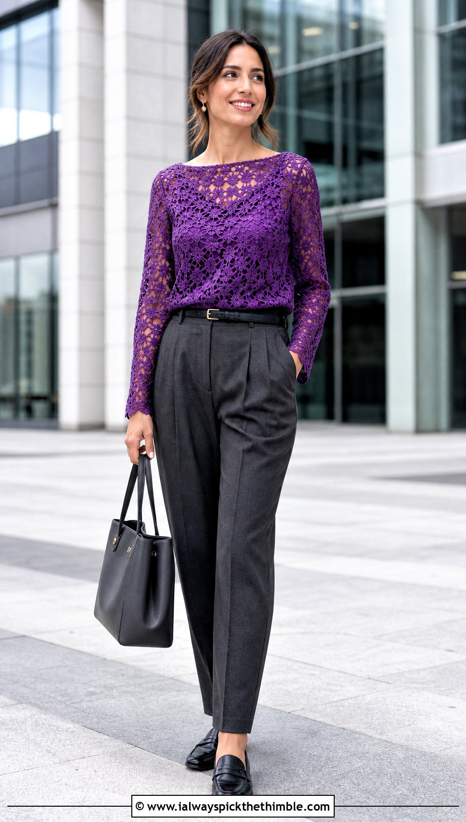 Boatneck Crochet Lace Top With Pleated Trousers - 20 crochet lacy summer tops outfit ideas