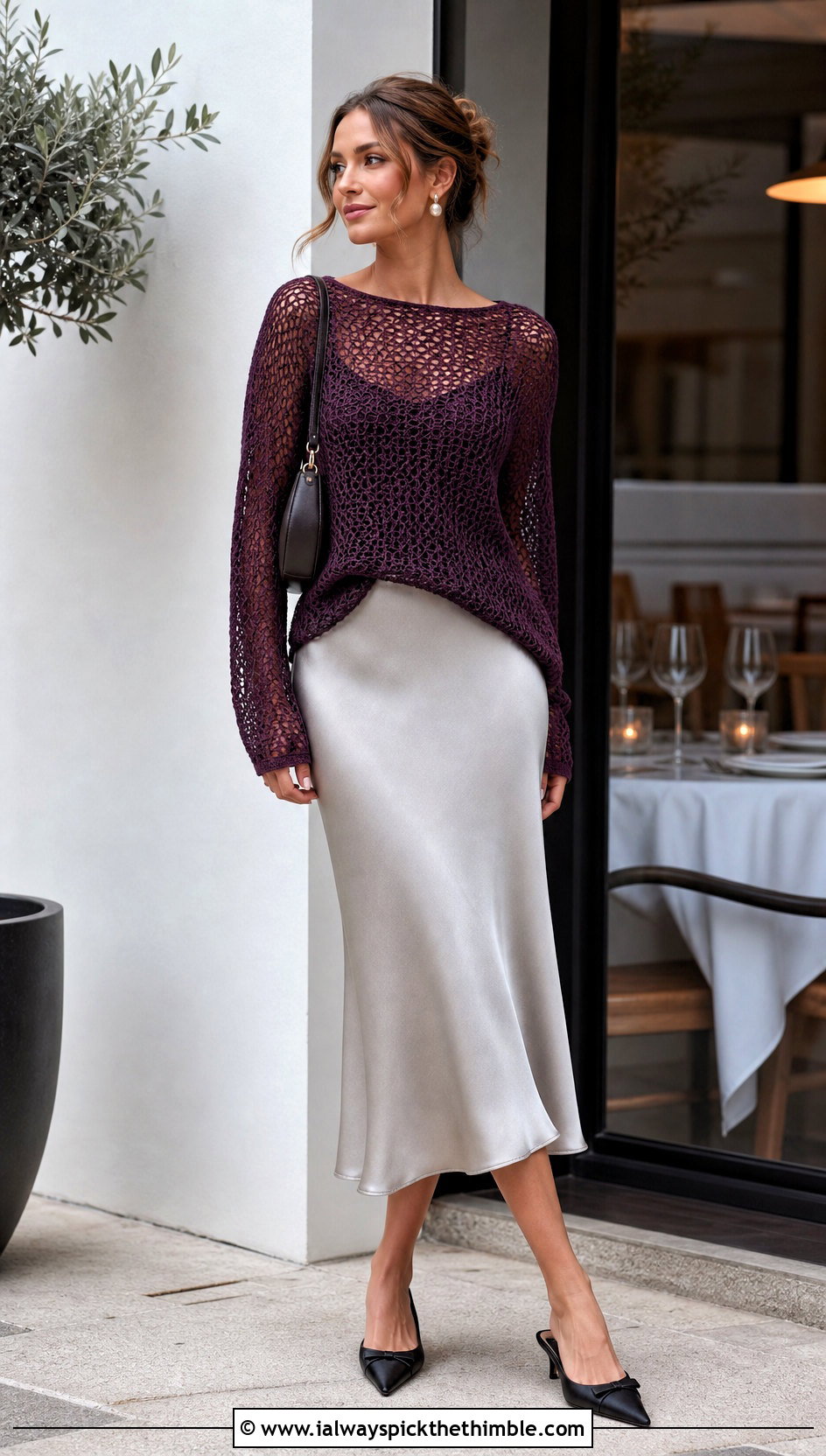 Boatneck Crochet Mesh Sweater With Satin Skirt - 20 Cute Crochet Mesh Top outfit ideas