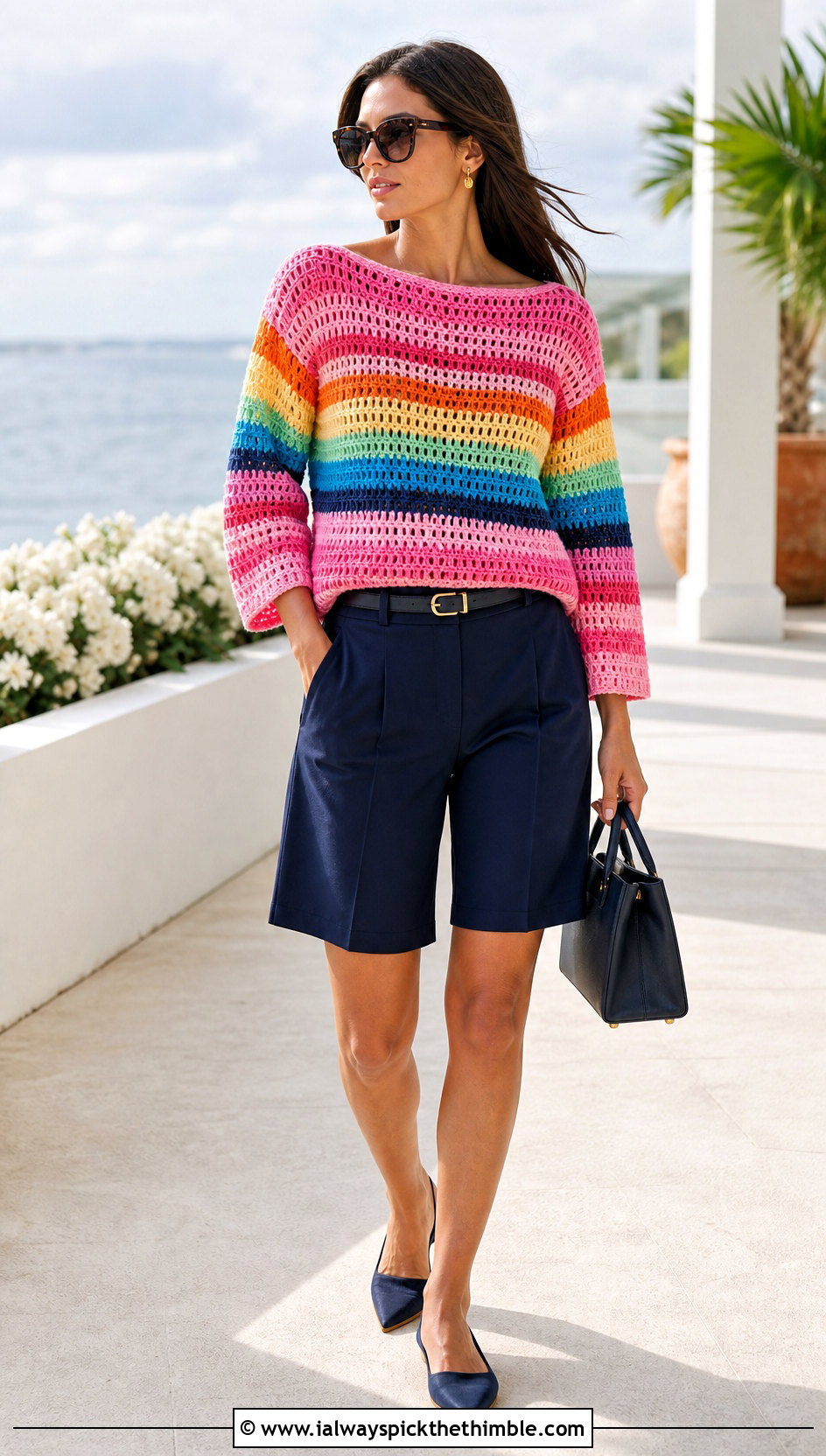 Boatneck Crochet Rainbow Sweater With Tailored Shorts - 20 Crochet Rainbow Sweater outfit ideas