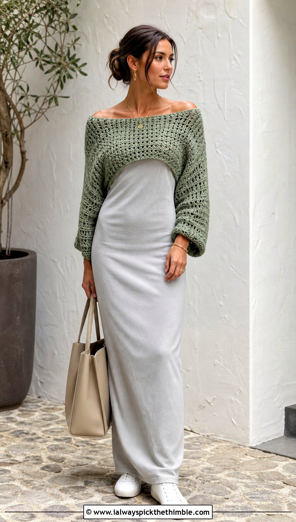 Boatneck Crochet Sweater Over Shoulders With Maxi Dress - 20 Crochet Over The Shoulder Sweater outfit ideas