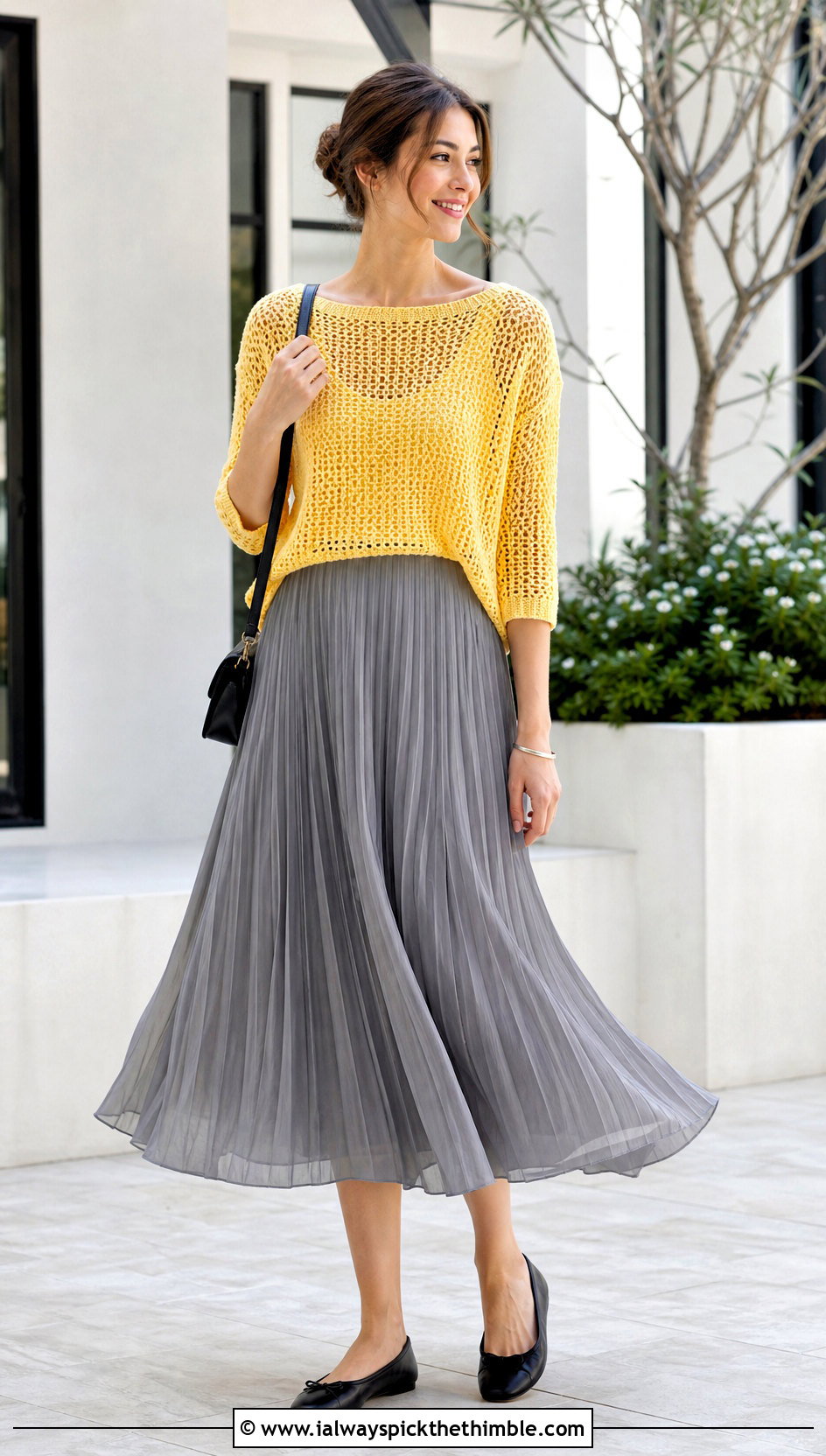 Boatneck Crochet Sweater With Pleated Skirt - 20 crochet women sweater outfit ideas