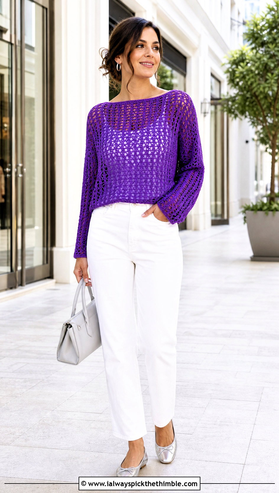 Boatneck Crochet Sweater With White Jeans - 25 colorful crochet sweater outfit ideas