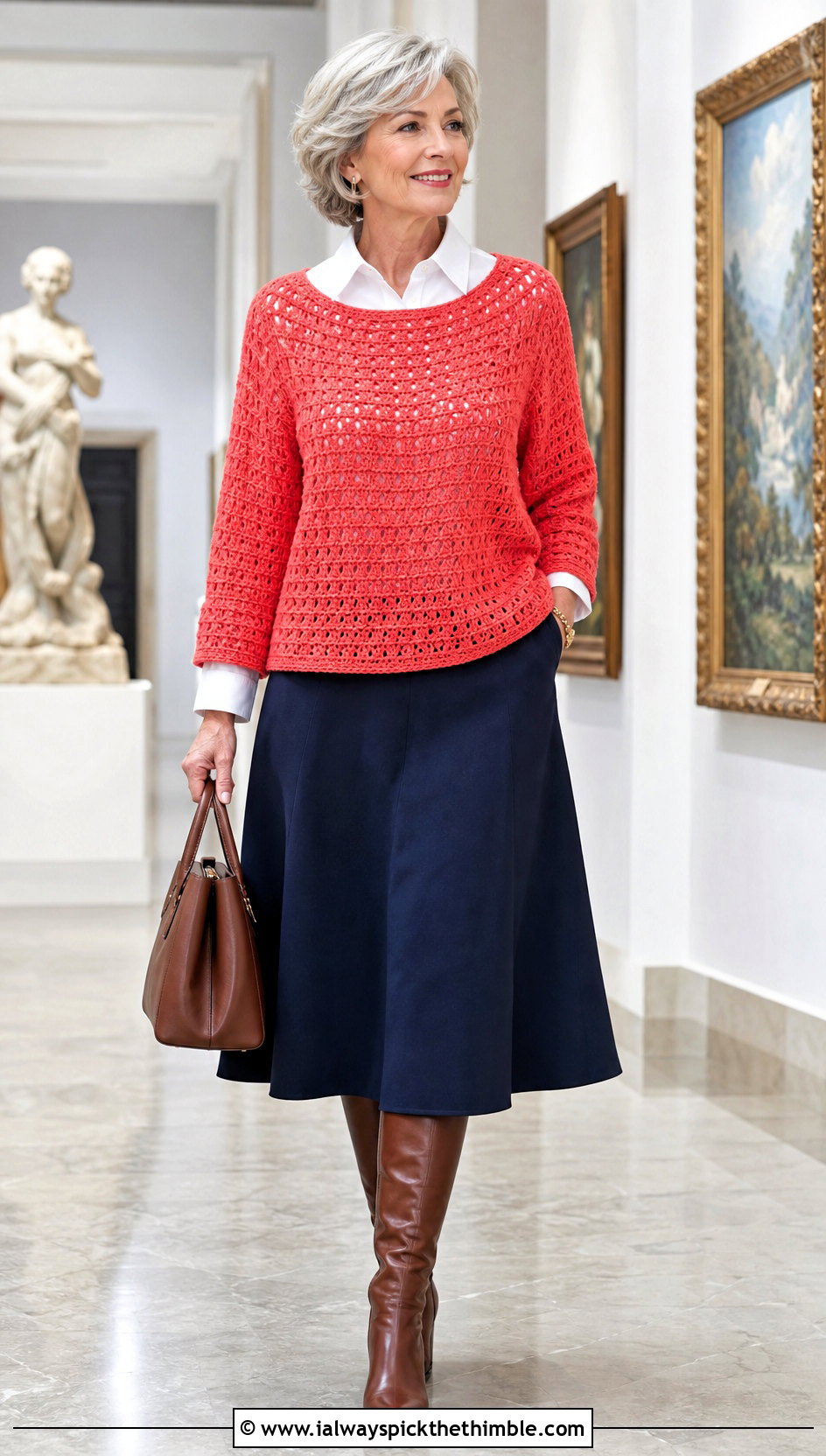 Boatneck Crochet Top Over A Collared Blouse - 20 Crochet Top Layering Outfit ideas
