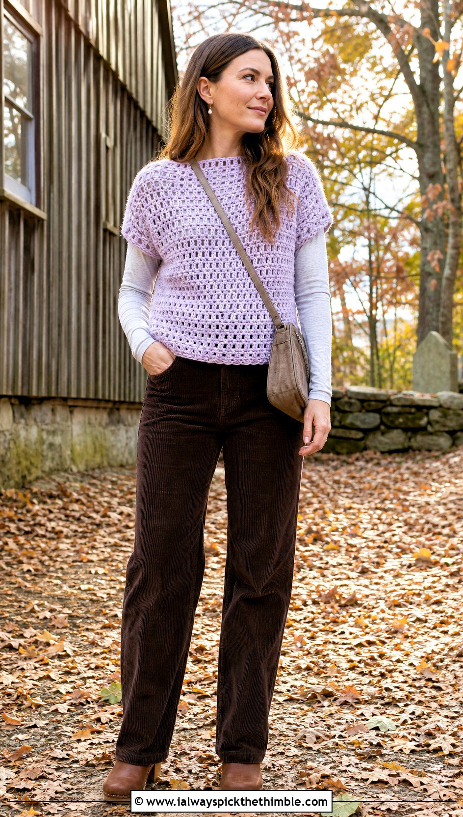 Boatneck Crochet Top With Corduroy Pants - 15 cool crochet top outfit ideas