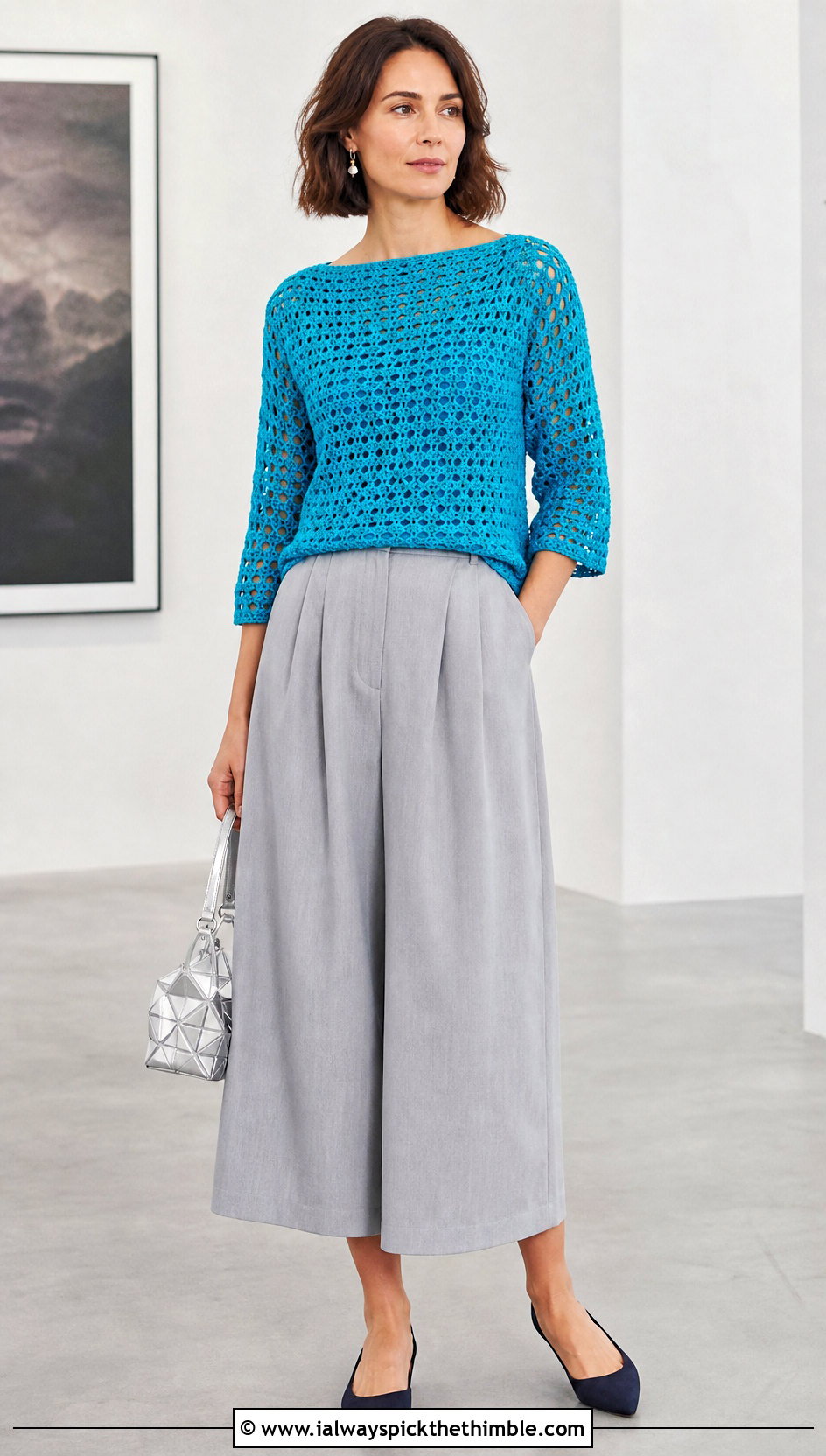 Boatneck Crochet Top With Wide Leg Culottes - 25 simple crochet tops outfit ideas