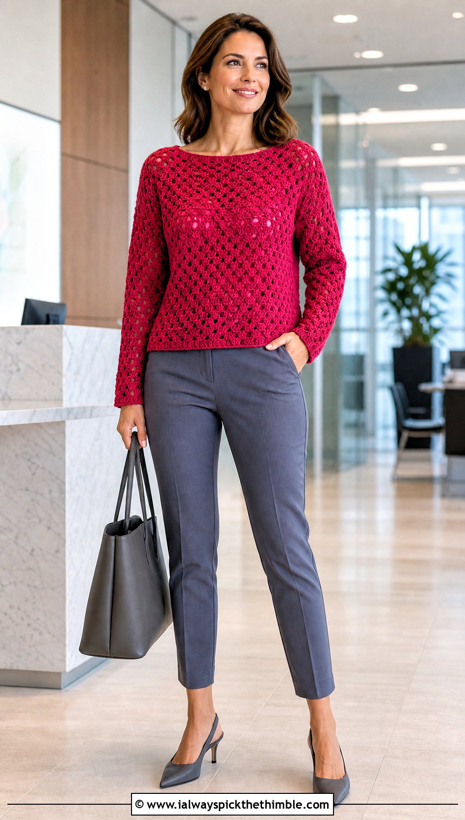 Boatneck Granny Stitch Sweater With Cigarette Pants - 25 crochet granny stitch sweater outfit ideas