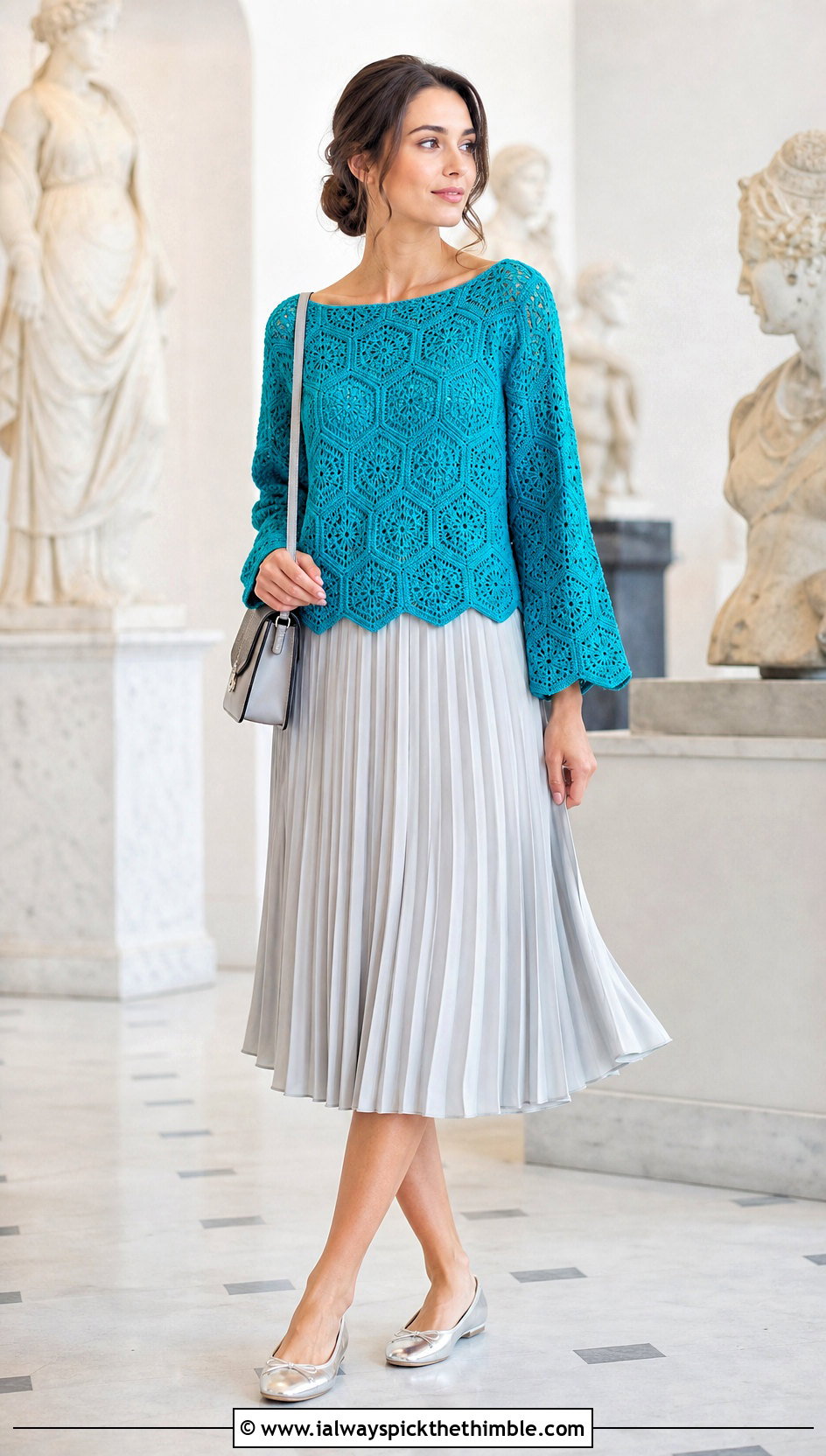 Boatneck Hexagon Pullover With Pleated Skirt - 25 crochet hexagon pullover outfit ideas