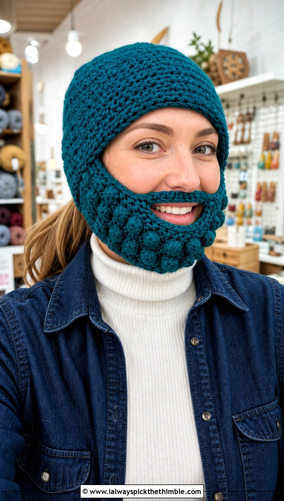 Bobble Beard Crochet Beanie With Denim Overshirt - 25 crochet beard hat outfit ideas