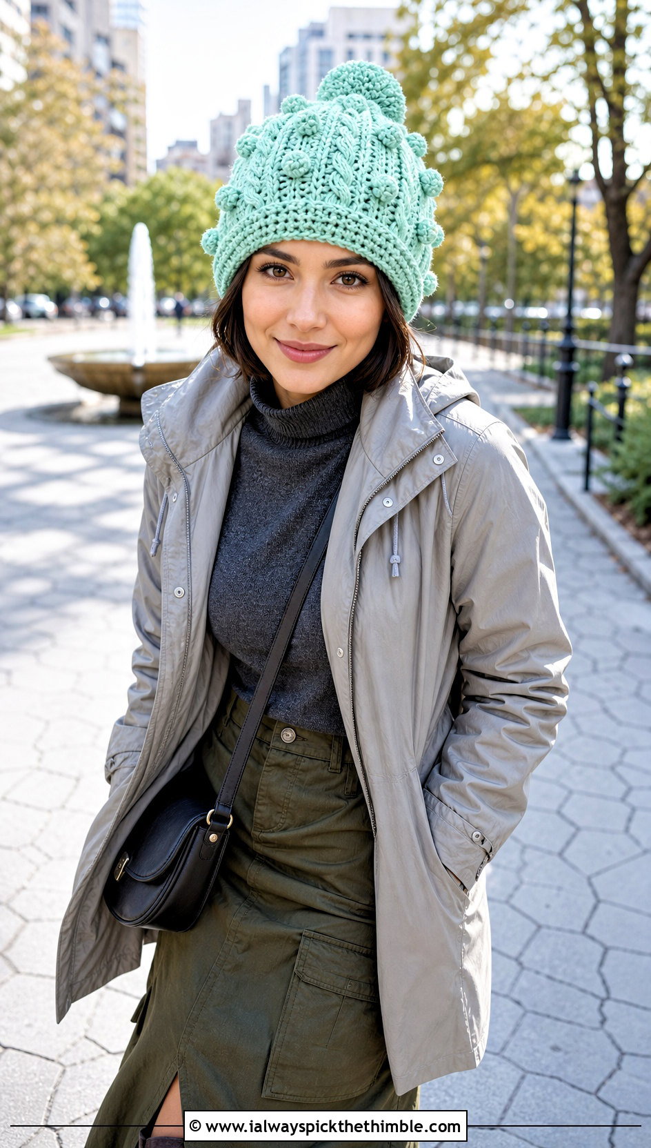 Bobble Cable Crochet Beanie With Parka And Cargo Skirt - 20 crochet cable beanie outfit ideas