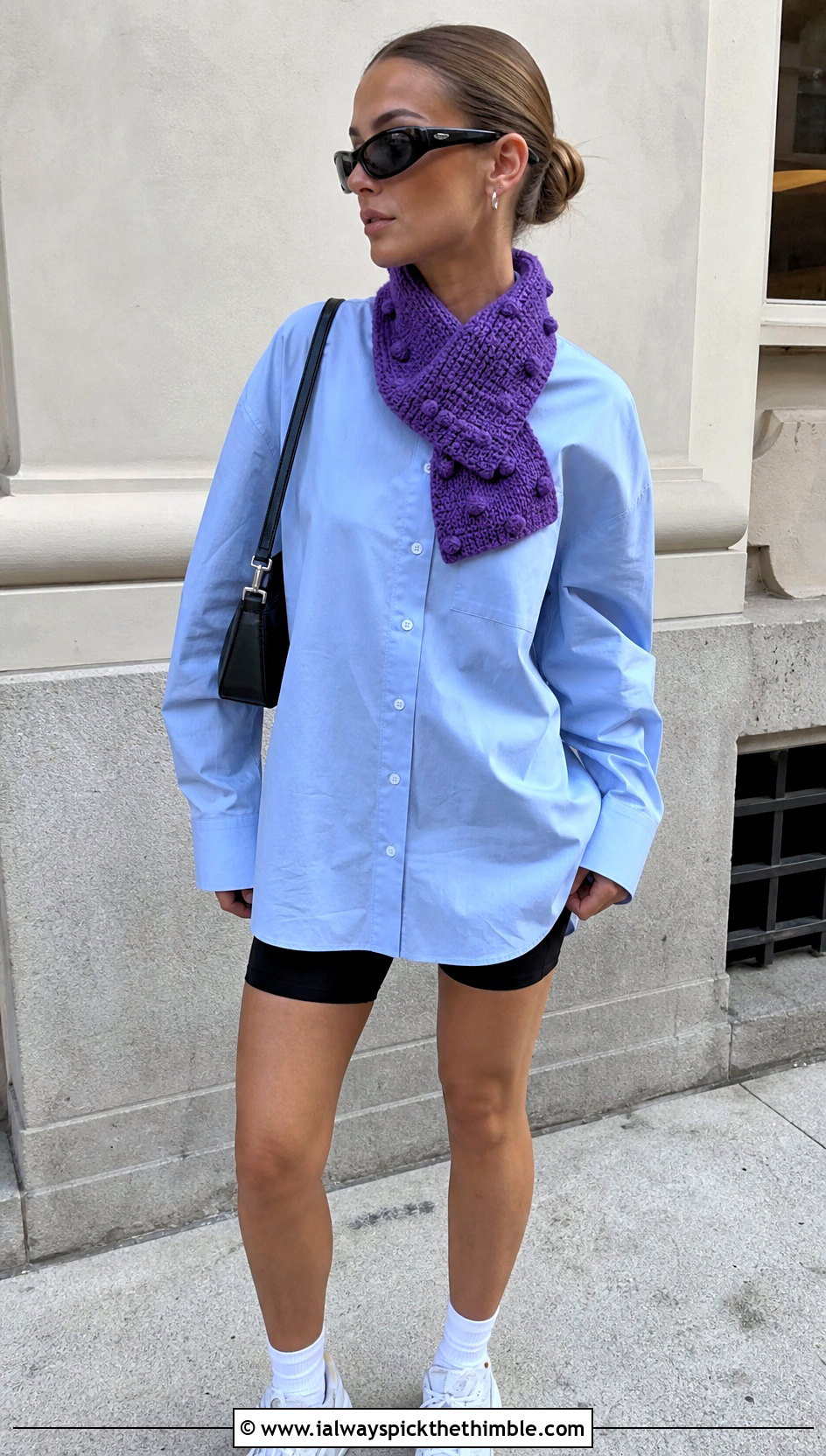 Bobble Crochet Mini Scarf With Oversized Shirt And Bike Shorts - 25 crochet mini scarf outfit ideas