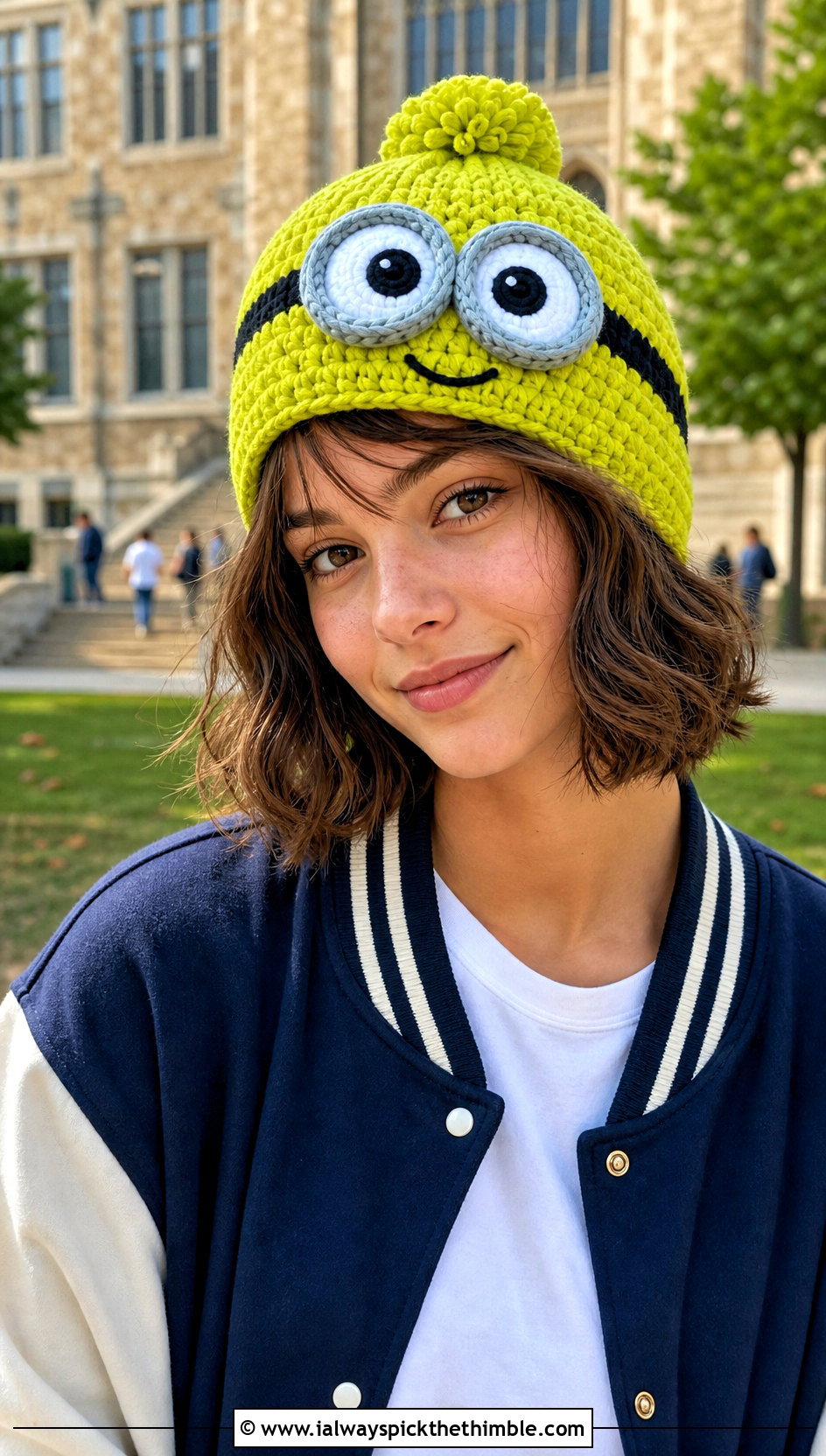 Bobble Crochet Minion Hat With Varsity Jacket - 25 crochet minion hat outfit ideas