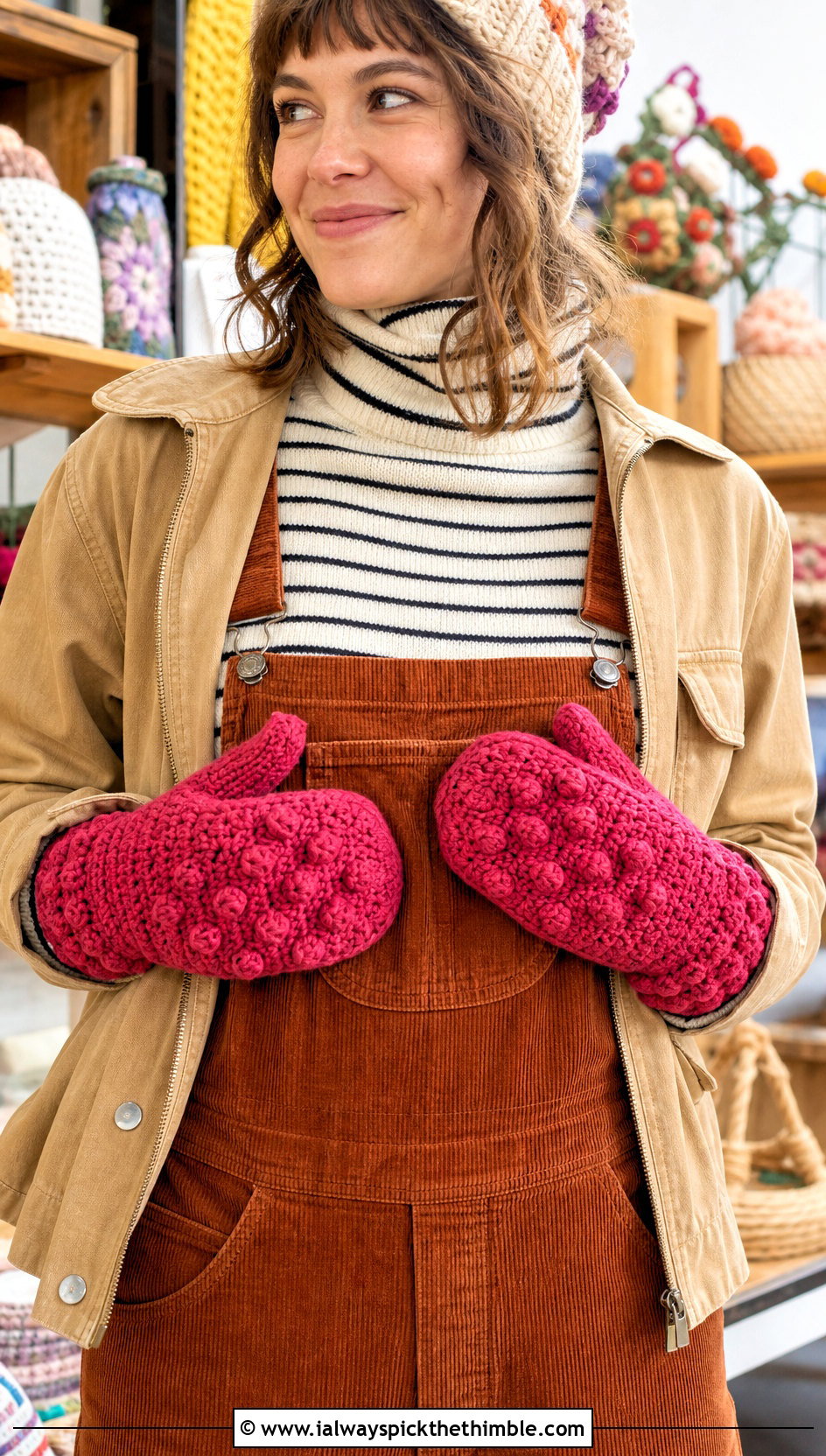 Bobble Crochet Mittens With Corduroy Overalls - 25 easy crochet mittens for beginners outfit ideas