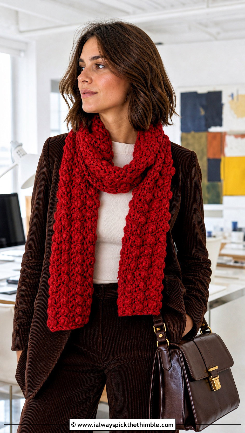 Bobble Crochet Scarf With Corduroy Suit - 25 crocheted scarf outfit ideas