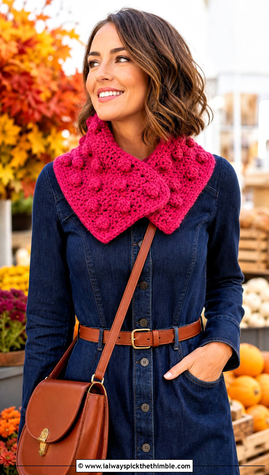 Bobble Crochet Scarf With Denim Dress - 25 easy one skein crochet scarf outfit ideas