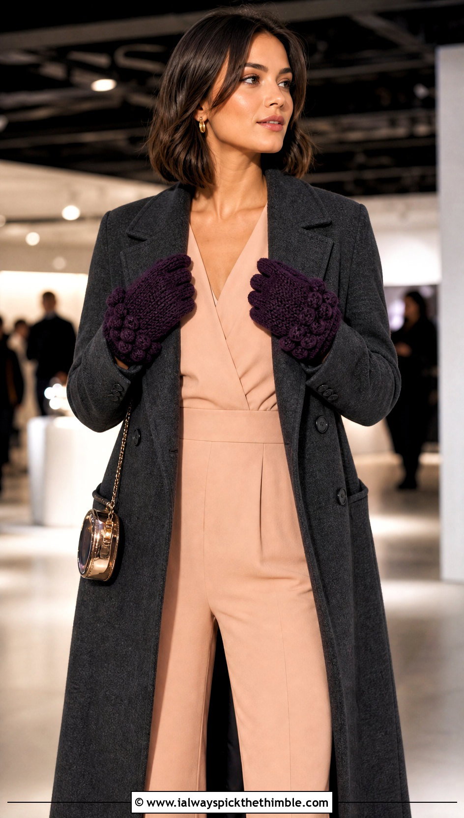Bobble Cuff Crochet Mittens With Tailored Coat And Jumpsuit - 20 quick crochet mittens outfit ideas