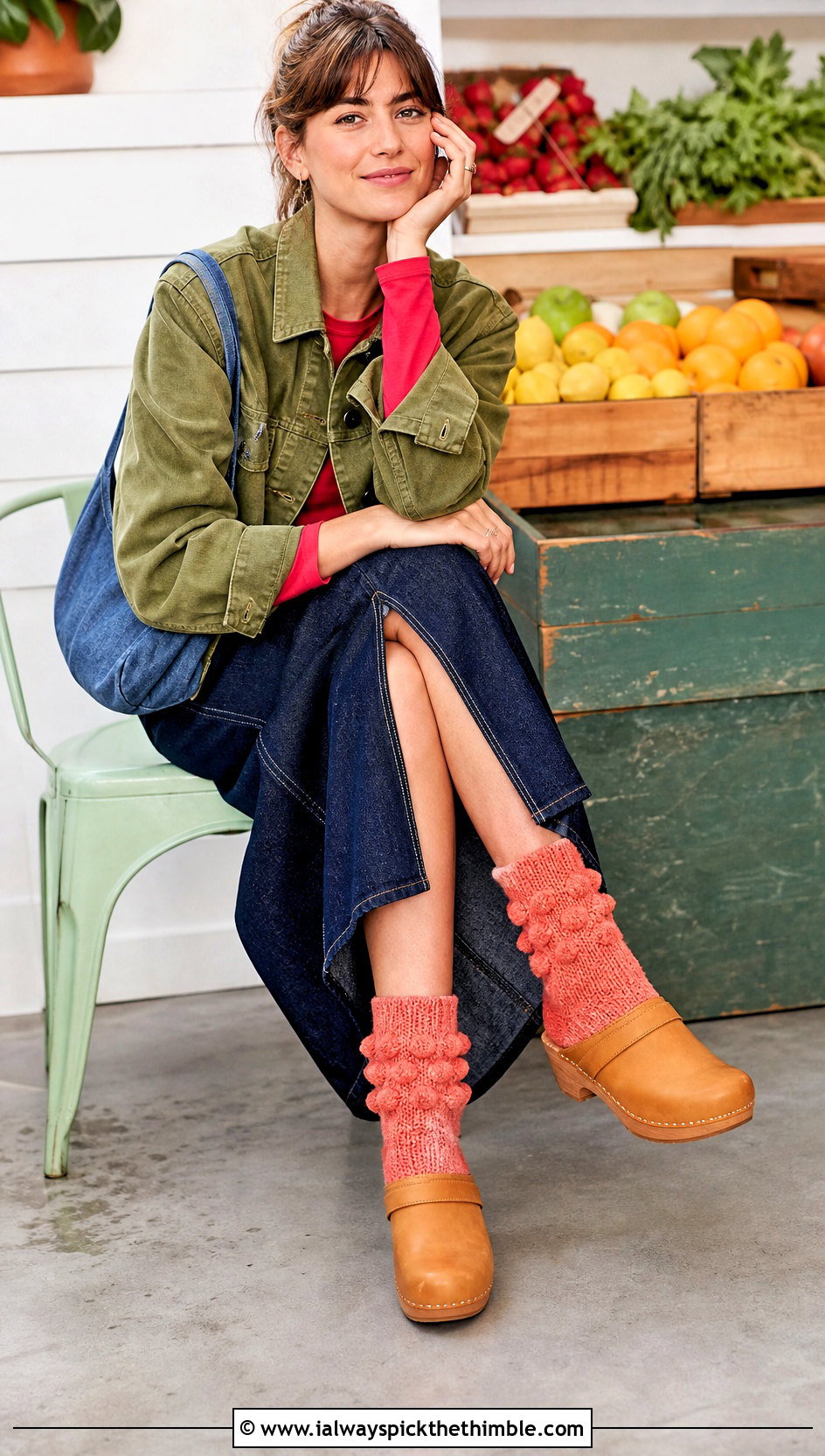 Bobble Cuff Crochet Socks With A Denim Midi Skirt - 25 easy crochet socks outfit ideas