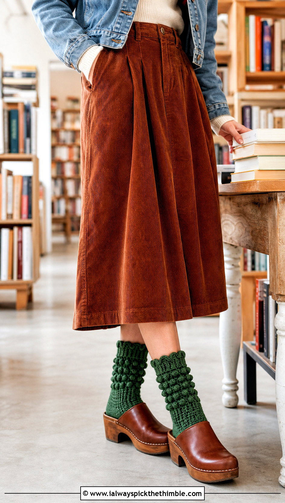 Bobble Cuff Crochet Socks With Clogs And Corduroy Skirt - 25 crochet socks outfit ideas