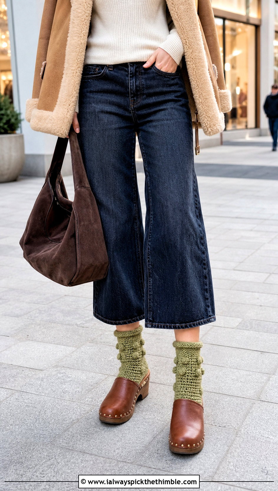 Bobble Cuff Crochet Socks With Cropped Jeans - 20 crochet winter socks outfit ideas