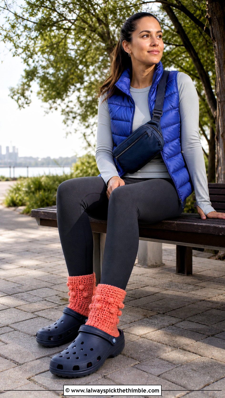 Bobble Cuff Crochet Socks With Puffer Vest - 20 croc crochet socks outfit ideas
