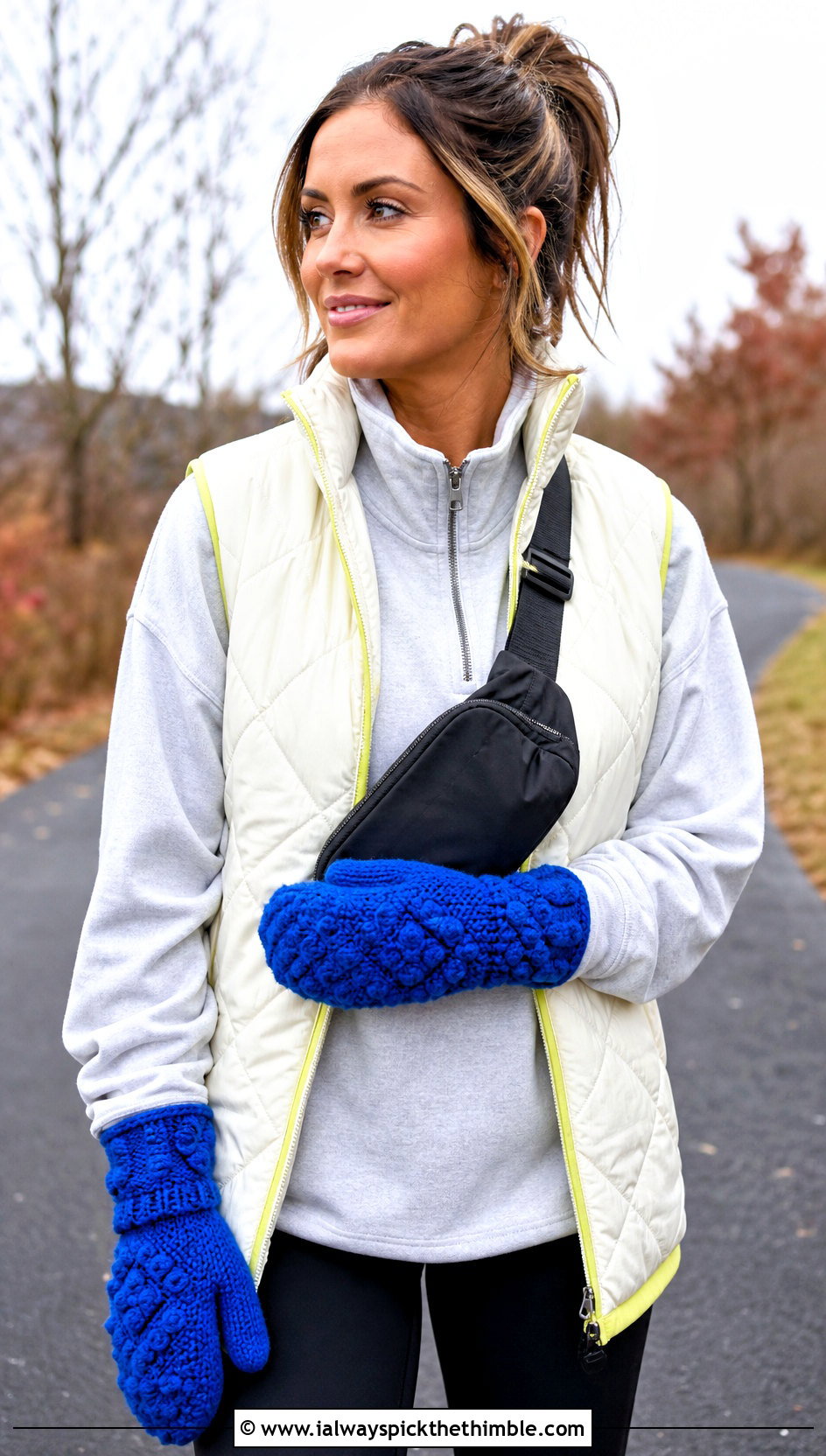 Bobble Cuff Velvet Crochet Mittens With Quilted Vest - 20 velvet crochet mittens outfit ideas
