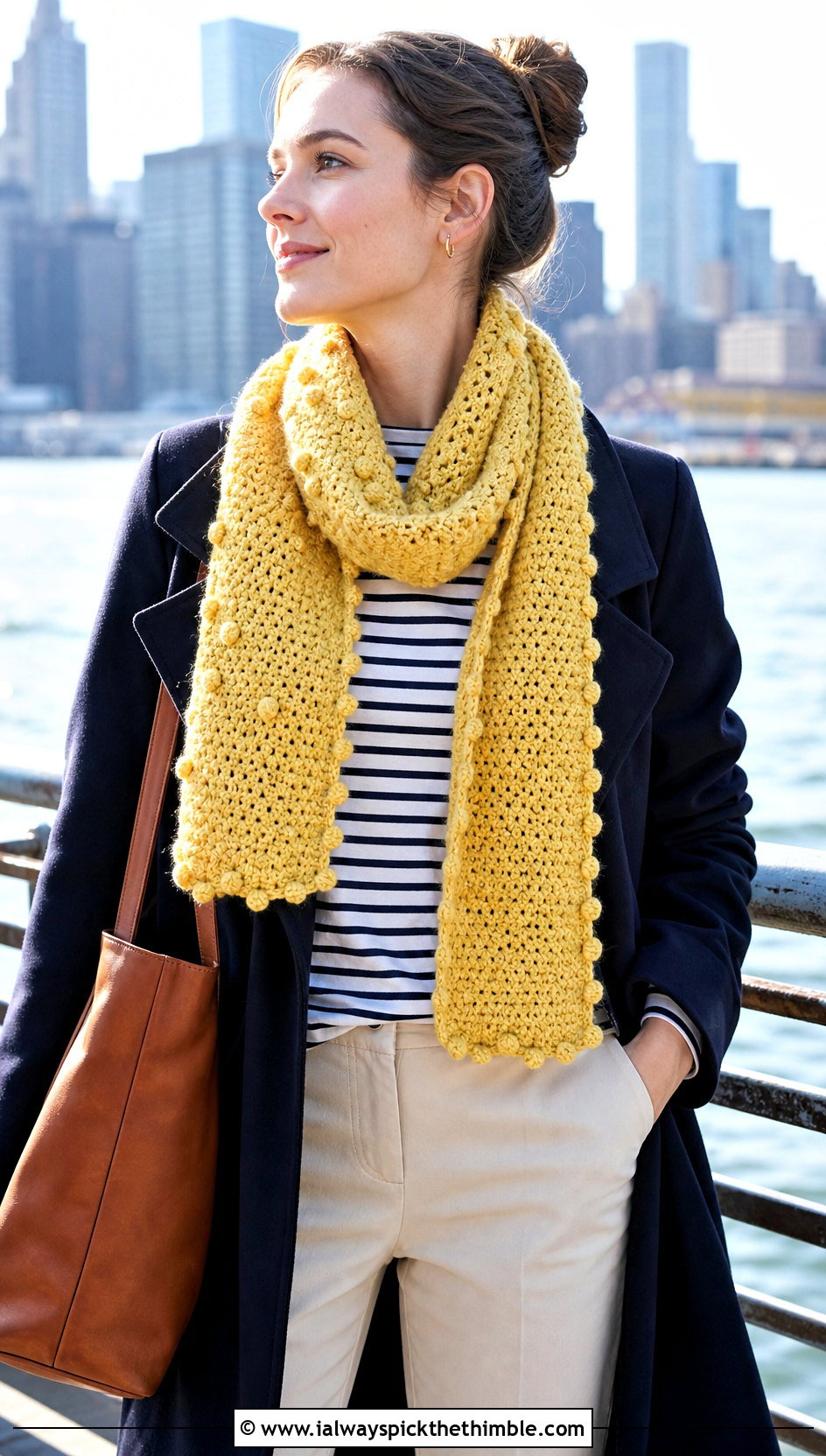 Bobble Edge Crochet Sophie Scarf With Peacoat And Cropped Trousers - 25 crochet sophie scarf outfit ideas