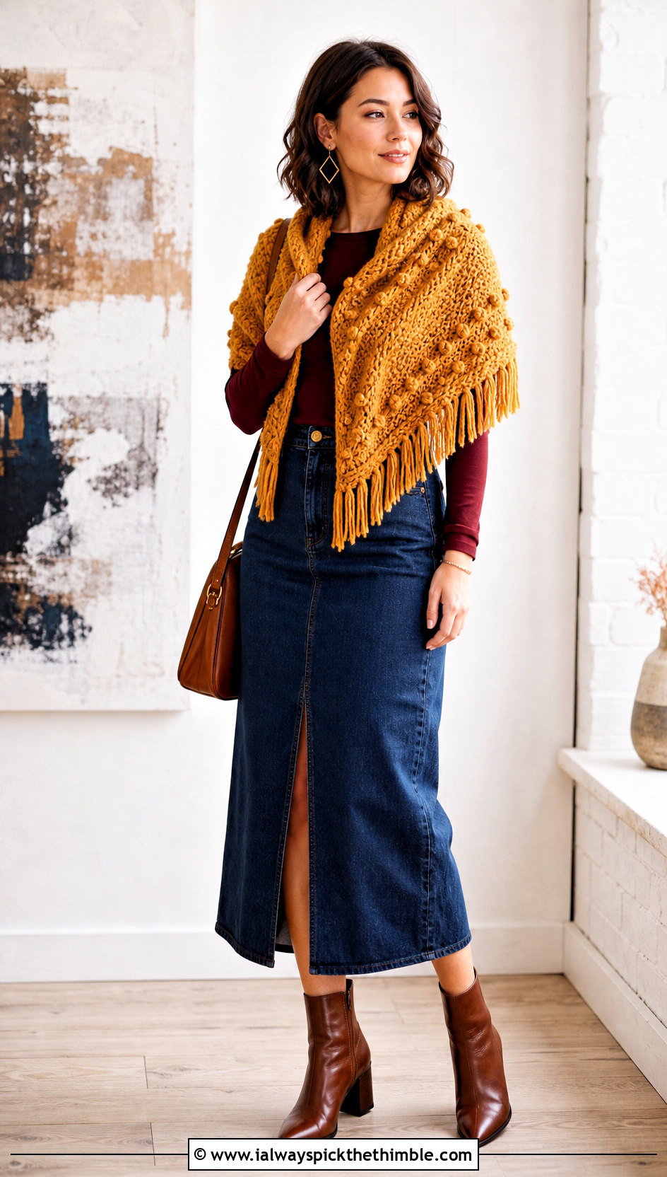 Bobble Fringe Crochet Wrap With Denim Midi Skirt - 20 Light Weight Crochet Shawl outfit ideas