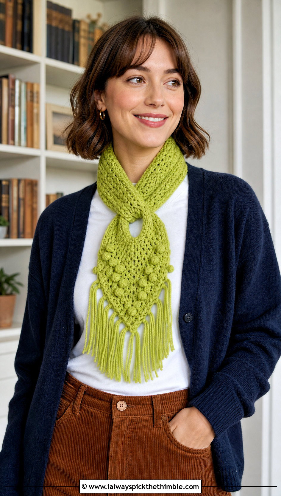 Bobble Fringe Keyhole Crochet Scarf With Cardigan - 20 Crochet Scarf Fringe Ideas