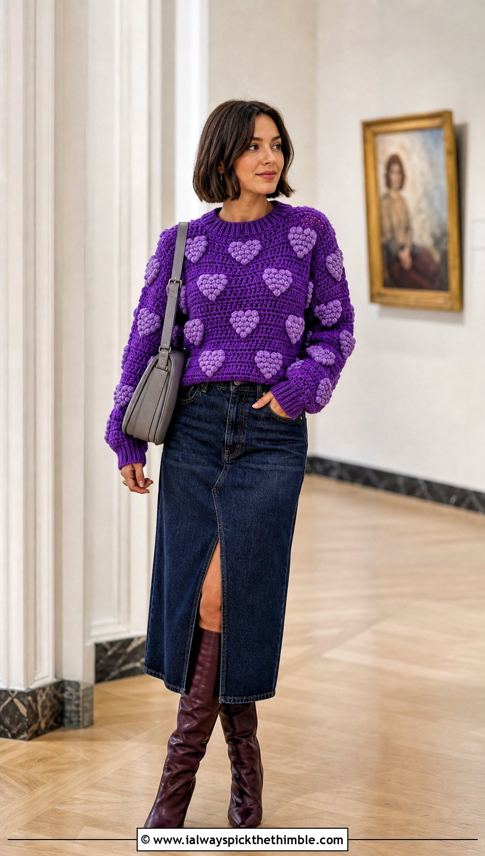 Bobble Heart Crochet Sweater With Denim Midi Skirt - 25 crochet heart sweater outfit ideas