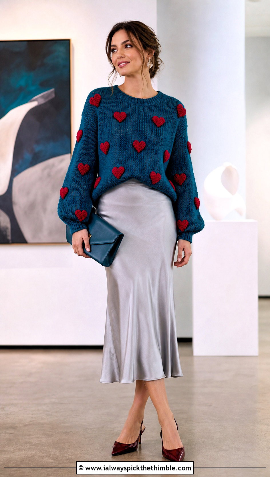 Bobble Heart Crochet Sweater With Satin Midi Skirt - 20 crochet valentine sweater outfit ideas