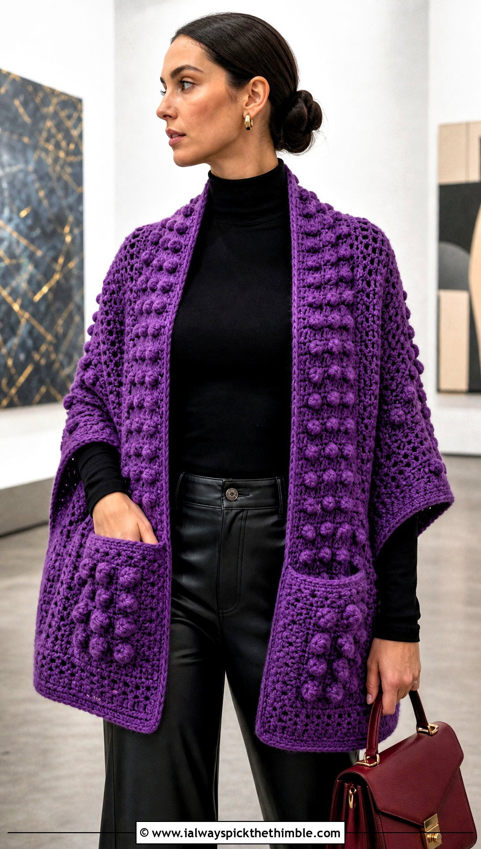 Bobble Pocket Crochet Shawl With Leather Pants - 15 Pocket Crochet Shawl outfit ideas