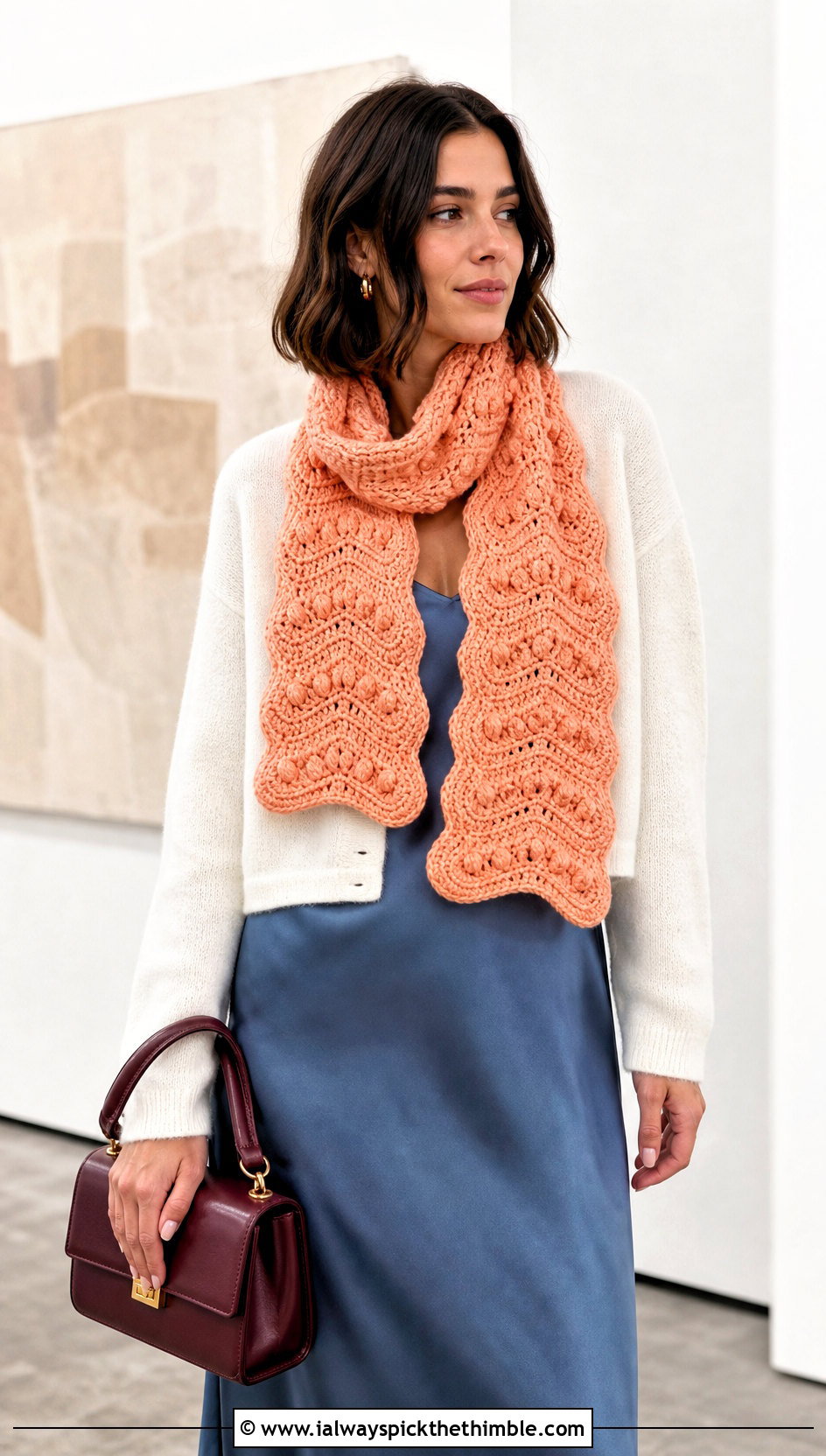 Bobble Ripple Stitch Crochet Scarf With Slip Dress And Cardigan - 15 ripple stitch crochet scarf outfit ideas