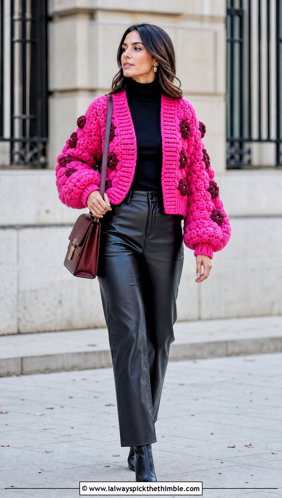 Bobble Sleeve Scrap Cardigan With Leather Pants - 15 Crochet Scrap Cardigan outfit ideas