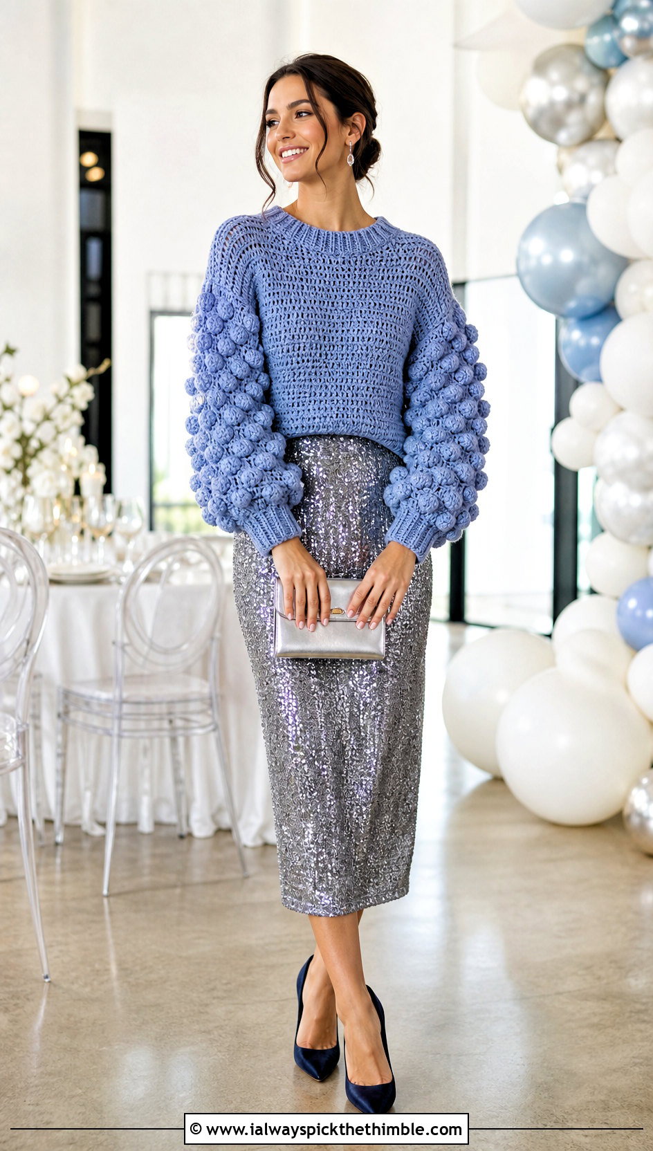 Bobble Sleeve Sweater With Sequin Midi Skirt - 20 crochet bobble sweater outfit ideas
