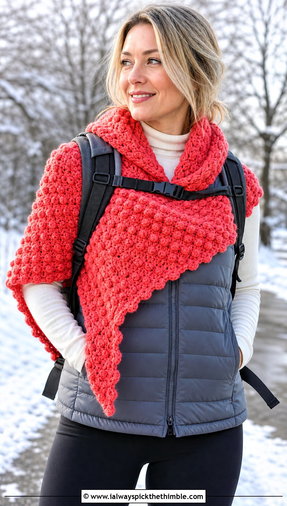 Bobble Stitch 1 Skein Crochet Shawl With Puffer Vest And Leggings - 15 Easy 1 Skein Crochet Shawl outfit ideas