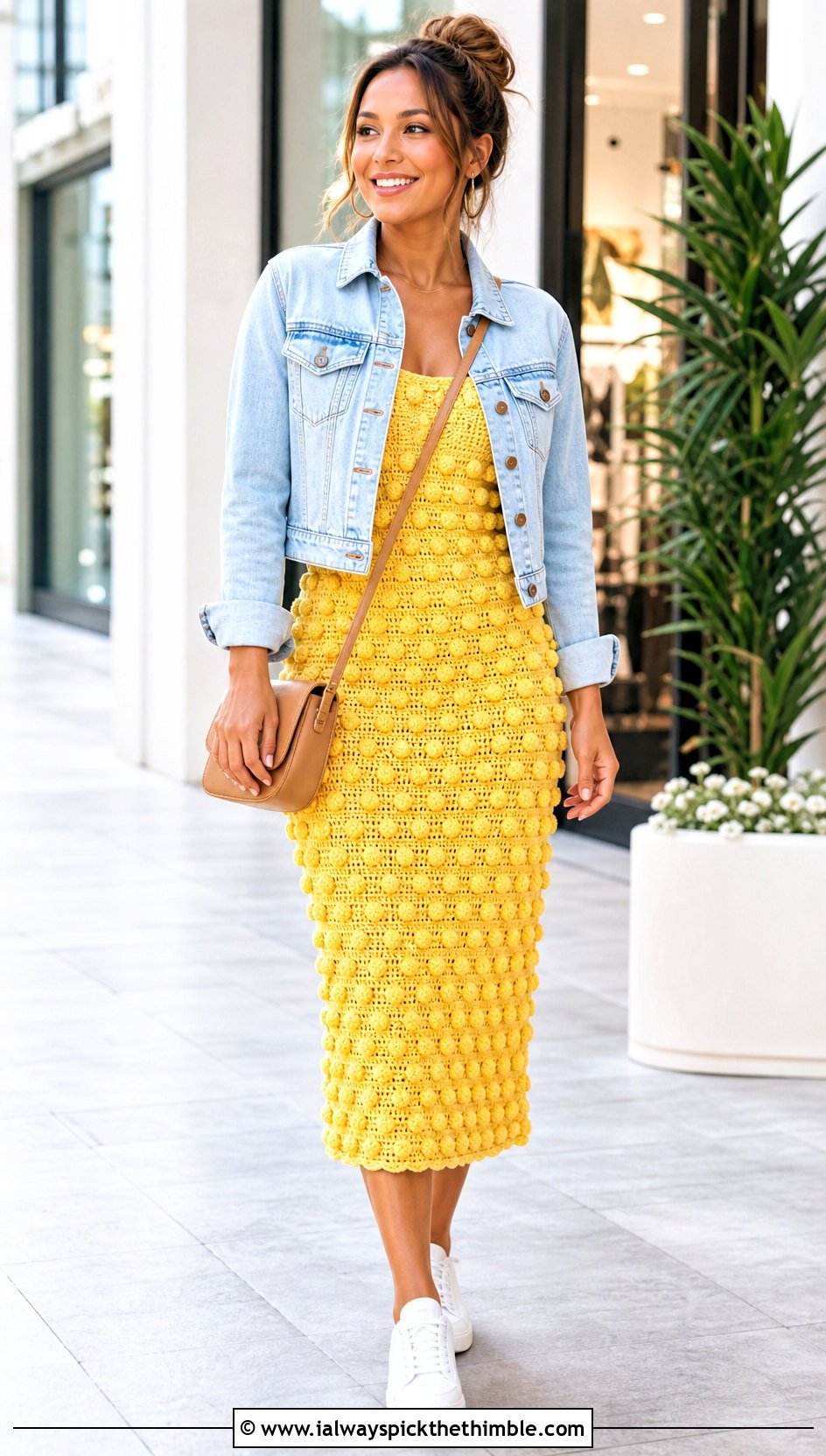Bobble Stitch Acorn Crochet Midi Dress With Denim Jacket - 15 acorns crochet dress outfit ideas
